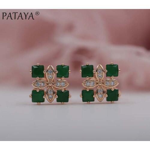 PATAYA Women Four Square Luxury Earrings 585 Rose Gold Green Natural Zircon Earrings Wedding Jewelry Bridal Party AAA Earrings