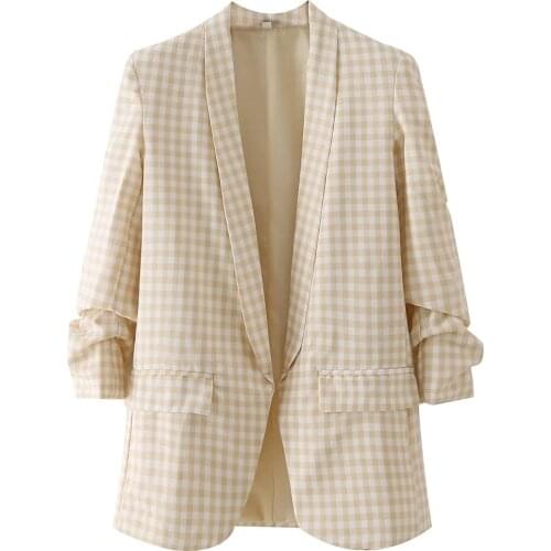 Za 2021 spring autumn lady pocket decorative Blazer Plaid coat fashion casual grid Suits jacket lapel Long Sleeve midi Outerwear