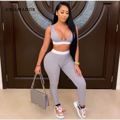 ANJAMANOR Sexy Sweatsuits for Women Comfy Lounge Wear Rib Knit V Neck Crop Top and Leggings Two Piece Set Tracksuits D16-CE29
