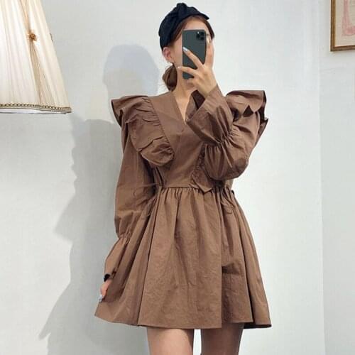 Sannian Women Dress 2020 Fall New Retro Wild V-neck Ruffle Stitching High-waist Lace-up Waist Short Dresses Women Clothes