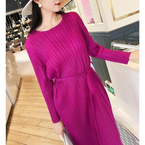 2021 Spring Pleated long sleeve Sashes dress high waist A-line dress long Korean style casual aesthetic clothing