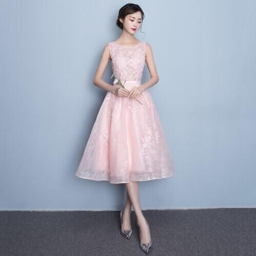 2020 new fashion women evening dress illusion o-neck sleeveless prom dress a line pink party dress embroidery Haute Couture