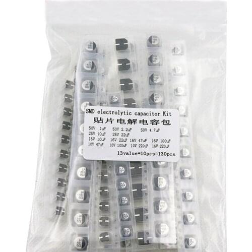 130pcs/LOT 1uF-220uF SMD Aluminum Electrolytic Capacitor Assorted Kit Set, 13values*10pcs=130pcs Samples Kit