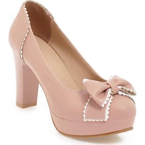 2021 Elegant Fashion Women Plus Size 34-43 High Heel Shoes Round Toe Platform Pumps with Bow Party Wedding Footwear shoes A23-6