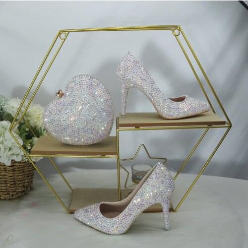 2021 New Arrival Heart White AB Bling Pointed Toe Wedding Shoes and bag Woman High Pumps Thin Heel Party Dress Shoes Slingbacks