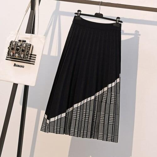 2021 Winter Women Fashion Houndstooth Plus size pleated skirt Female High Waist Streetwear Knitted Thick Black Warm Skirts cloth
