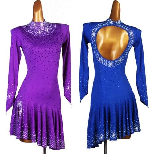 Shiny Crystal Latin Dance Dress Competitive Rhinestone Clothing Performance Costume Women Long Sleeves Dress Show Dancewear 1489