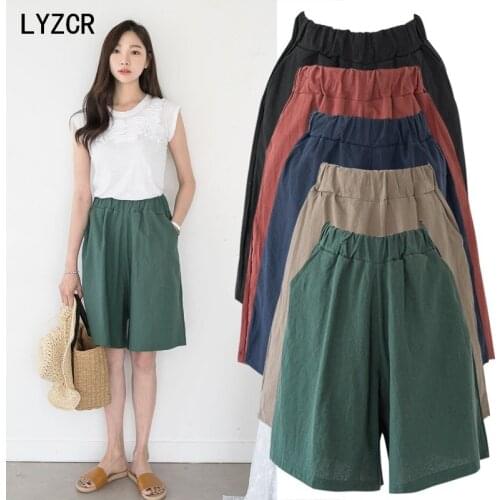 Summer Cotton Line Knee Length Pants Women 2021 Loose Wide Leg Pants Short High Waist Pants Plus Size 5XL Trousers Elastic Waist