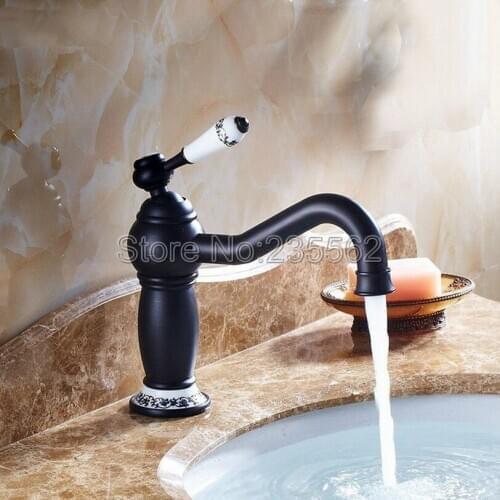 Black Oil Rubbed Bronze Bathroom Basin Faucet Ceramic Lever Single Hole Deck Mount Vessle Sink Mixer Tap Lnf508