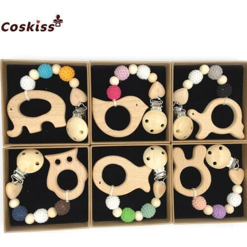 Baby Teether Pacifier Clip Wooden Animal Pendant Nature Wooden Teether Chewable Safe Holder Infant Gift Unisex Teething Clip Toy