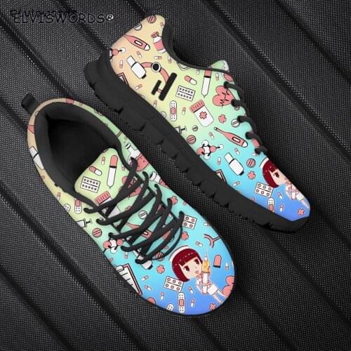 ELVISWORDS Gradient Color Cartoon Nurse Printed Comfortable Non-slip Walking Shoes for Women Ladies Casual Flat-Shoes Footwears
