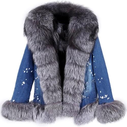 Europe and America ultra short denim fox fur big fur collar fashion plus velvet warm jacket casual jacket