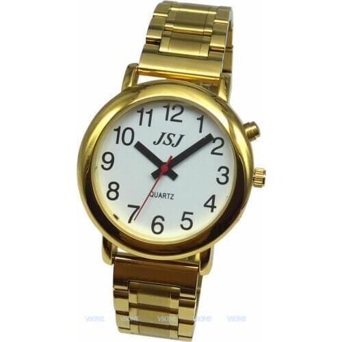 English Talking Watch with Alarm Function, Talking Date and time, White Dial, Folding Clasp, Golden Case TAG-508