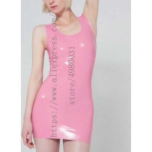 Made of 0.4mm thickness natural womens latex slim pink vest latex dress bondage one piece no zippers
