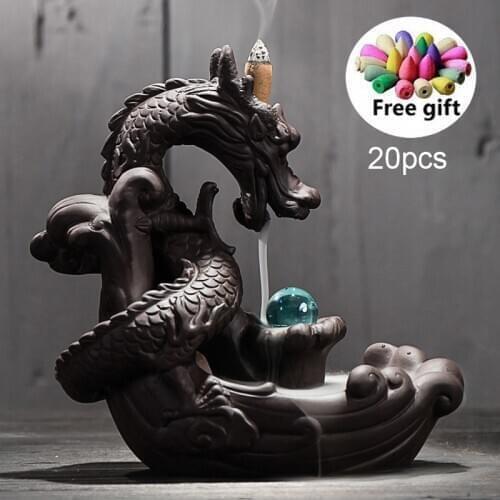 Ceramic Backflow Incense Burner Creative Home Decor Dragon Incense Holder Censer With Crystal Ball + 20pcs Incense Cones