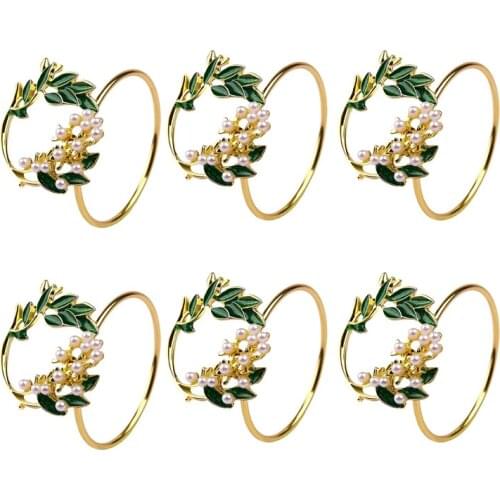 Napkin Ring Golden Pearl Flower Napkin Rings Set of 6 Metal Napkin Holder for Wedding Party Dinner Table Decoration