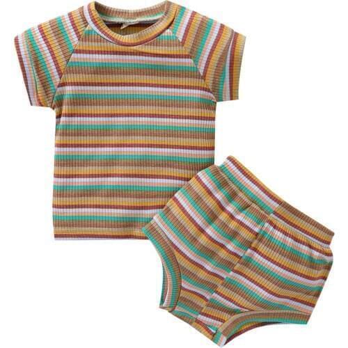 2 Pcs Newborn Striped Outfits Suit Infant Baby Casual Short Sleeve Round Neck Pullover + Shorts For 0-3 Years Litte Boys Girls
