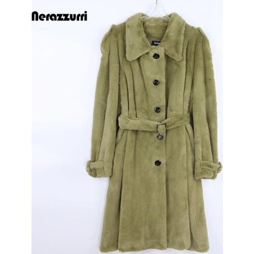 Nerazzurri Winter Oversized Long Green Fluffy Faux Fur Trench Coat for Women Raglan Sleeve Belt Single Breasted Korean Fashion