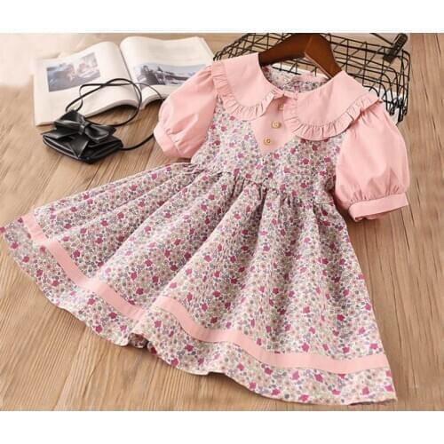 Floral Girls Dresses Peter Pan Collar Cotton Summer Short Sleeve Princess Dresses Baby Clothes 2-7Y LT018