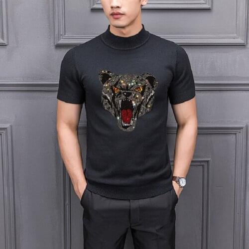 Spring And Summer Loose Trend Mens Sweater Fashion Hot Diamond Knit Short-Sleeved Tops Brand Pullover Oversized