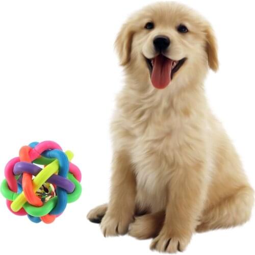 Funny Toys Colorful Pet Doy Chewing Ball Cat Rainbow Color Rubber Bell Sound Ball Round Shape Ball With Bell Fun Play Toy