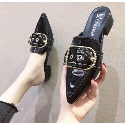 2021 New summer sandals womens pointed metal belt buckle thick heel set heel half-dragging high heel womens slippers