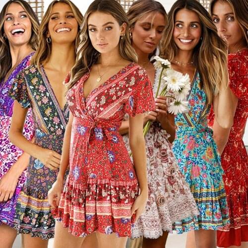 Womens Dresses Summer Wrap Bohemian Floral Printed Ruffle Hem Short Sleeve Casual Loose V-Neck Beach Mini Dress S-3XL