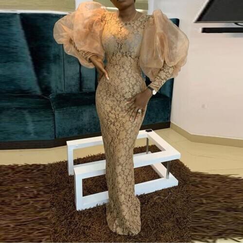 Gorgeous Evening Dresses Puff Sleeve vestidos de festa Africa Long Lace Prom Gowns Sheath Elegant Formal Dresses Full Sleeve