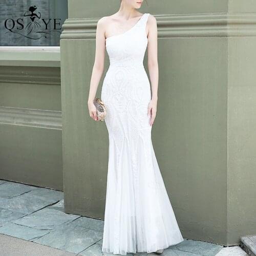 QSYYE White Prom Dresses One Shoulder Evening Gown Sequin Mermaid Woman Fashion Formal Party Evening Dress Pattern Lace Fitted