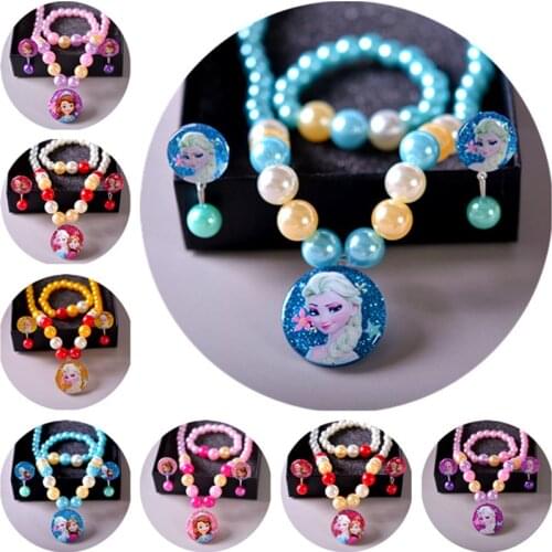 4pcs/lot Disney cartoon Frozen children necklace+bracelets+clip earring girl birthday gift sweater doll accessories cosmetic toy
