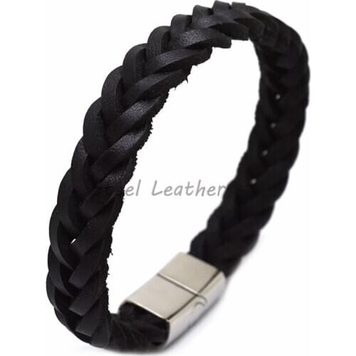5pcs/lot engrave logo High Quality Stainless Steel Charm Stackable Layered Bracelet Leather Genuine Braided Black Bracelet Men