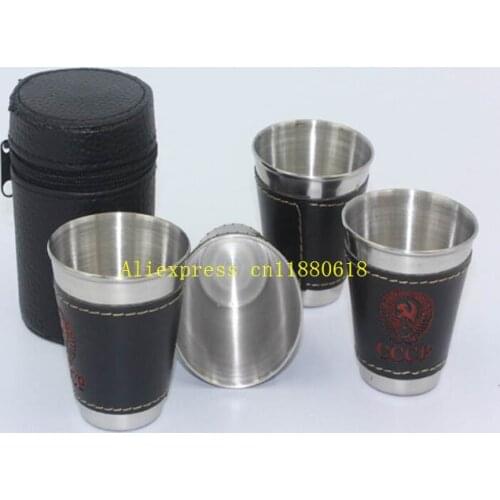 50sets/lot Fast shipping 4pcs/set 70ml leather Cups Set Stainless Steel Cup Wine Beer Whiskey Mugs Outdoor Travel Cup