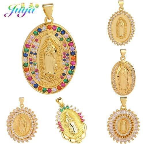 Juya Handmade Gold Rainbow Cubic Zirconia Pendant Virgin Mary Saint Benedict Jesus Charms For Christian Necklace Making