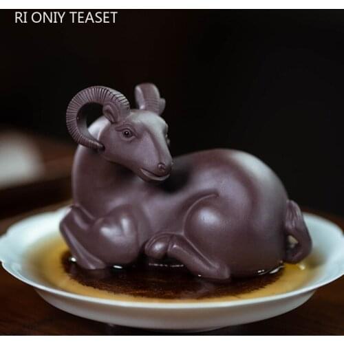 Chinese Yixing Sheep Model Purple Clay Tea Pet Desktop Handmade Sculpture Ornaments Garden Bonsai Decoration Home Tea Figurine
