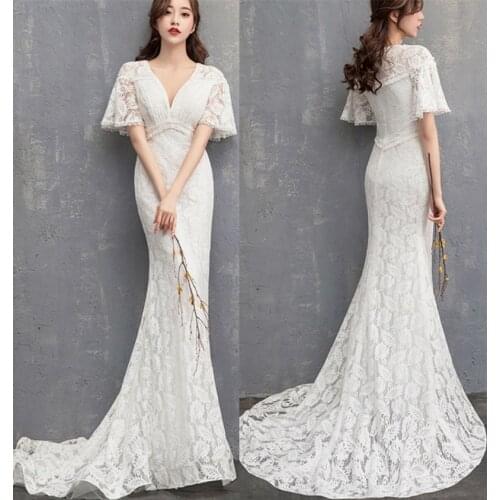 Sweep Train V-Neck Mermaid Lace Wedding Dress 2021 Elegant Short Sleeve Bridal Gowns vestidos de mairee Wedding