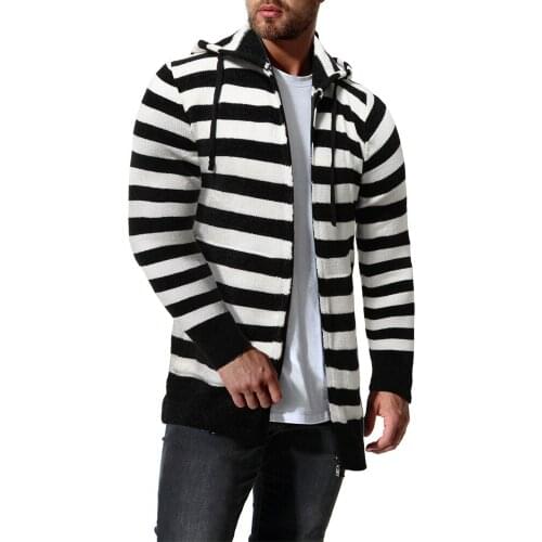 Autumn and Winter Fashion Stripe Color Matching Casual Knitting Sweater Hooded Cardigan Sweater Coat for Men