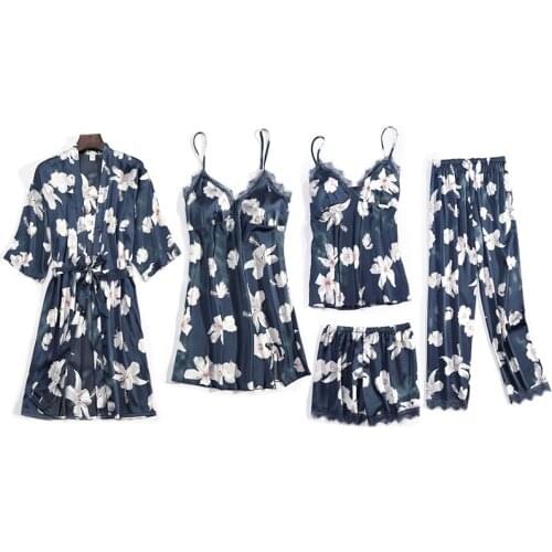 Women Pajamas 5 Pieces Satin Sleepwear Pijama Silk Home Wear Home Clothing Embroidery Sleep Lounge Pyjama Robe and Nightgown Set
