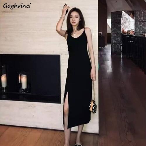 Sleeveless Dress Women Side-slit V-Neck Temperament Elegant Black Spaghetti-strap Sexy Female Vestidos French Retro Stylish New