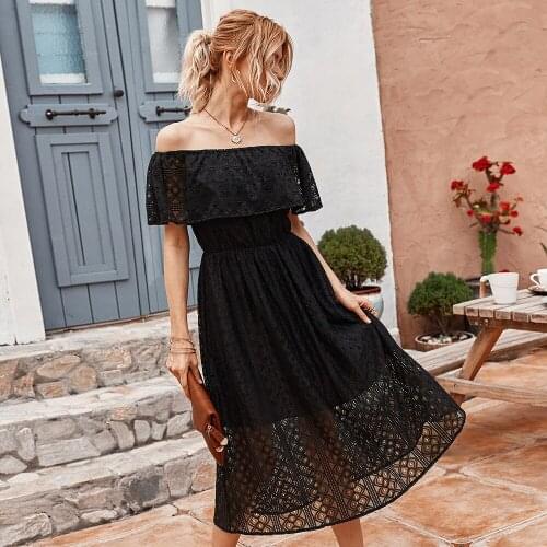 Sexy lady Off Shoulder Slash Neck Women Black Lace Hollow Out Dress Summer Elegant Sundress Beach Style Ruffles Ladies vestidos