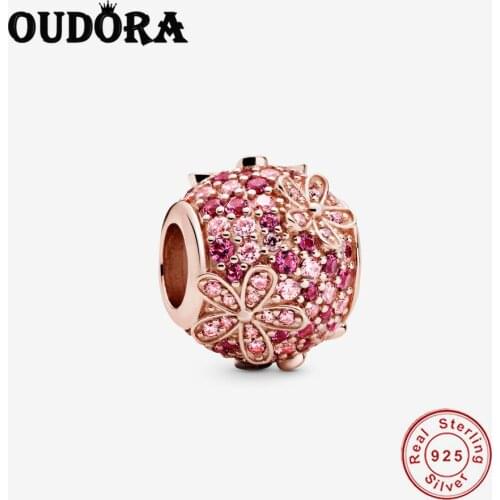 Fit Original Pandora Charms 925 Sterling Silver Bracelet Pink Pave Daisy Flower Charm Clover Beads DIY Jewelry Making Berloque