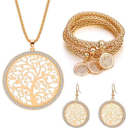 Luxury Women Jewelry Set Long Necklace 3PCS Popcorn Chain Bracelet Tree of Life Earrings Crystal Jewelry Anniversary Gift 2019