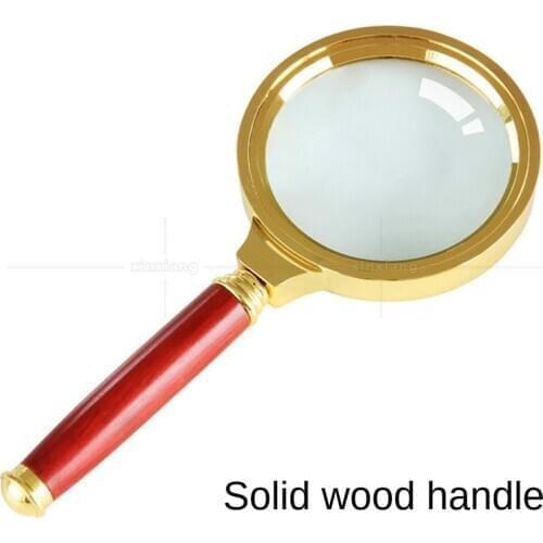 Handheld mahogany handle 10 times magnifying glass with solid wood handle and gold-plated frame