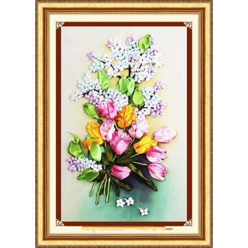 Needlework,DIY Ribbon Cross stitch Set for Embroidery kit,Tulip rose love flower ribbon Cross-Stitch handwork wedding home decor