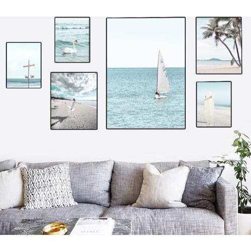 Seagull Palm Surfboard Sailboat Reed Tropical Art Canvas Painting Nordic Posters And Prints Wall Pictures For Living Room Decor