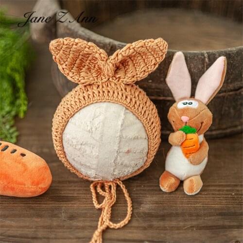 Newborn cartoon plush rabbit carrot crochet bunny hat childrens photography props theme combination