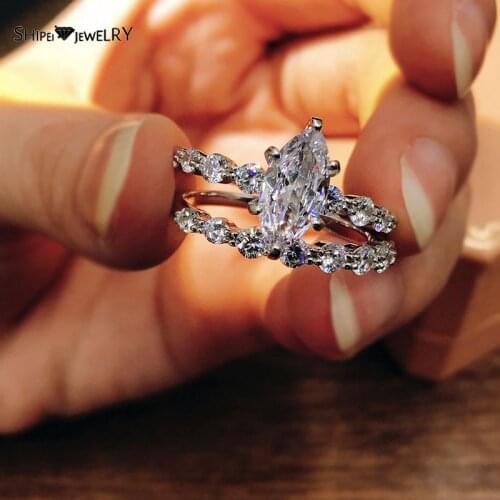Shipei 100% 925 Sterling Silver Marquise Cut Created Moissanite Gemstone Wedding Engagement Romantic Ring Set Fine Jewelry