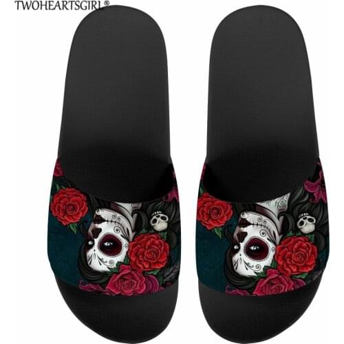 Cartoon Gothic Girls Women Indoor Floor Flat Shoes Flower Skull Non-slip Flip Flops Bath Slippers Female Slipper Comfortable
