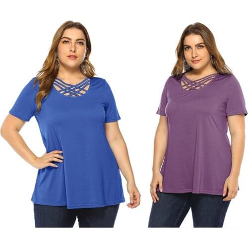 Women short sleeve T shirt V-neck tees solid retro cross belt summer shirt soft girl fashion female plus size size XXXXL WOS009