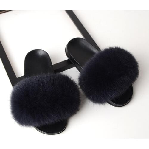 Women Summer Flat Fox Fur Slides Women Home Fur Slippers Ladys Lovely Cute Fur Slides Women Fashion Flip Flops Women Shoes Hot