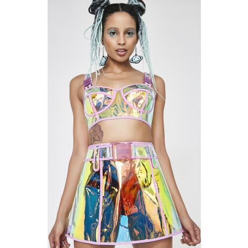 Music Festival Laser Hologram Bra With Skirt Set Party Nightclub Start Auto Women Sexy Costumes Show Harajuku Holograhpic Skirt